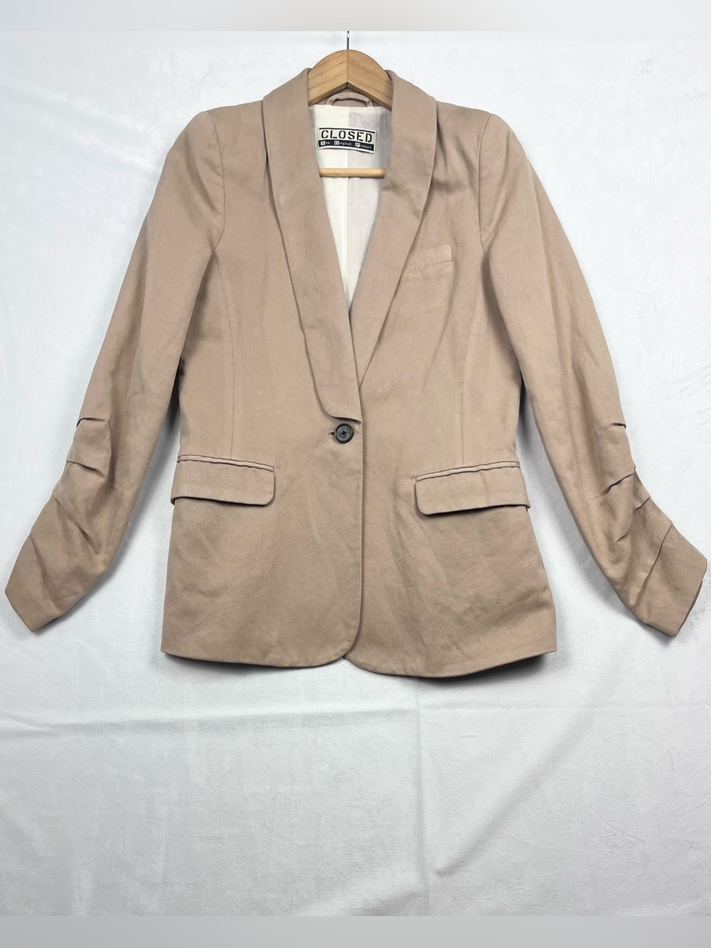 Closed Beige One-Button Tailored Blazer Jacket Ruched Sleeve Size Small